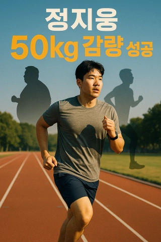 정지웅 다이어트 성공을 강조하는 포스터 스타일 썸네일&amp;#44; &lsquo;정지웅 50kg 감량 성공&rsquo; 문구 포함