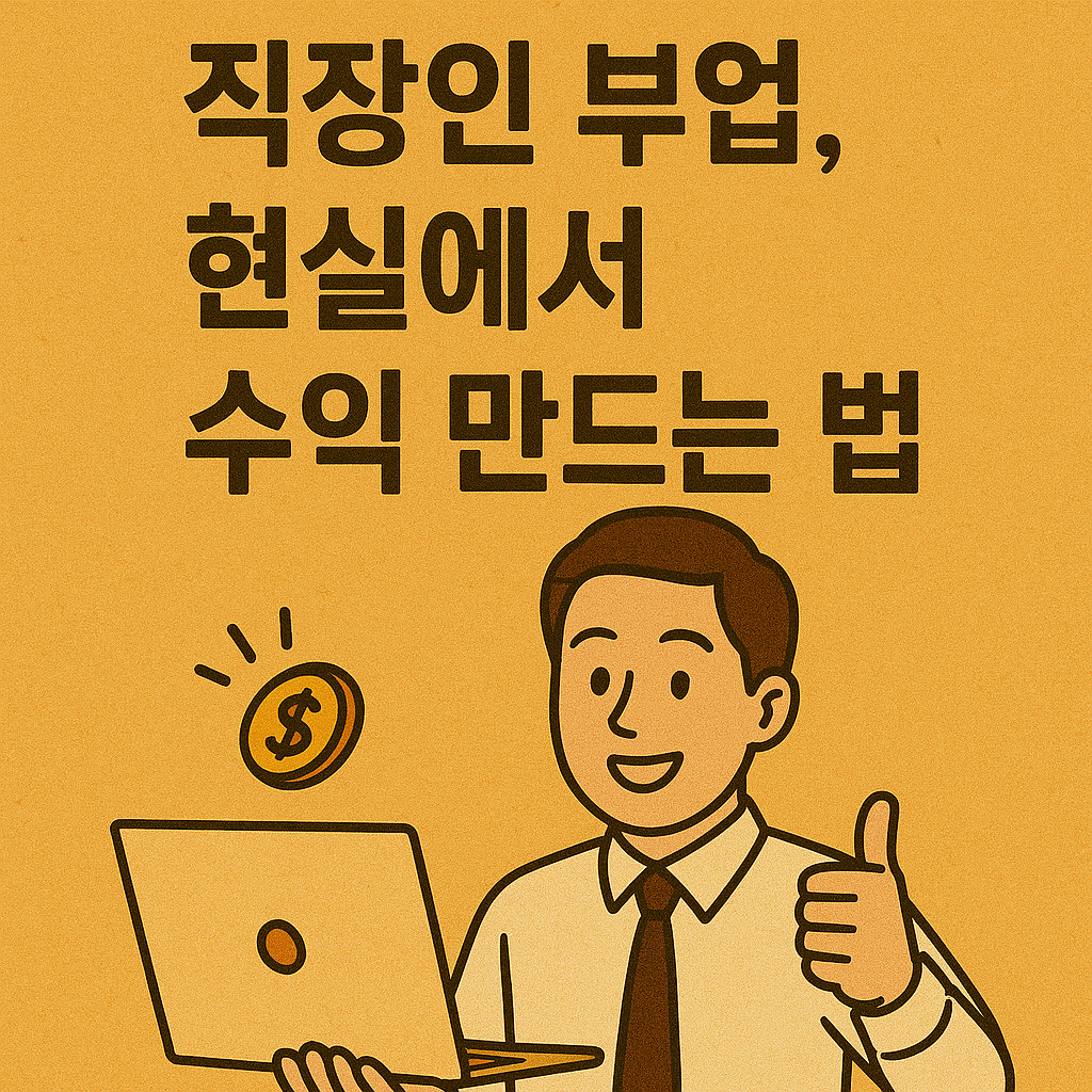 노트북을 들고 엄지를 치켜든 직장인 캐릭터 일러스트, 부업으로 현실 수익을 만드는 개념의 썸네일 이미지