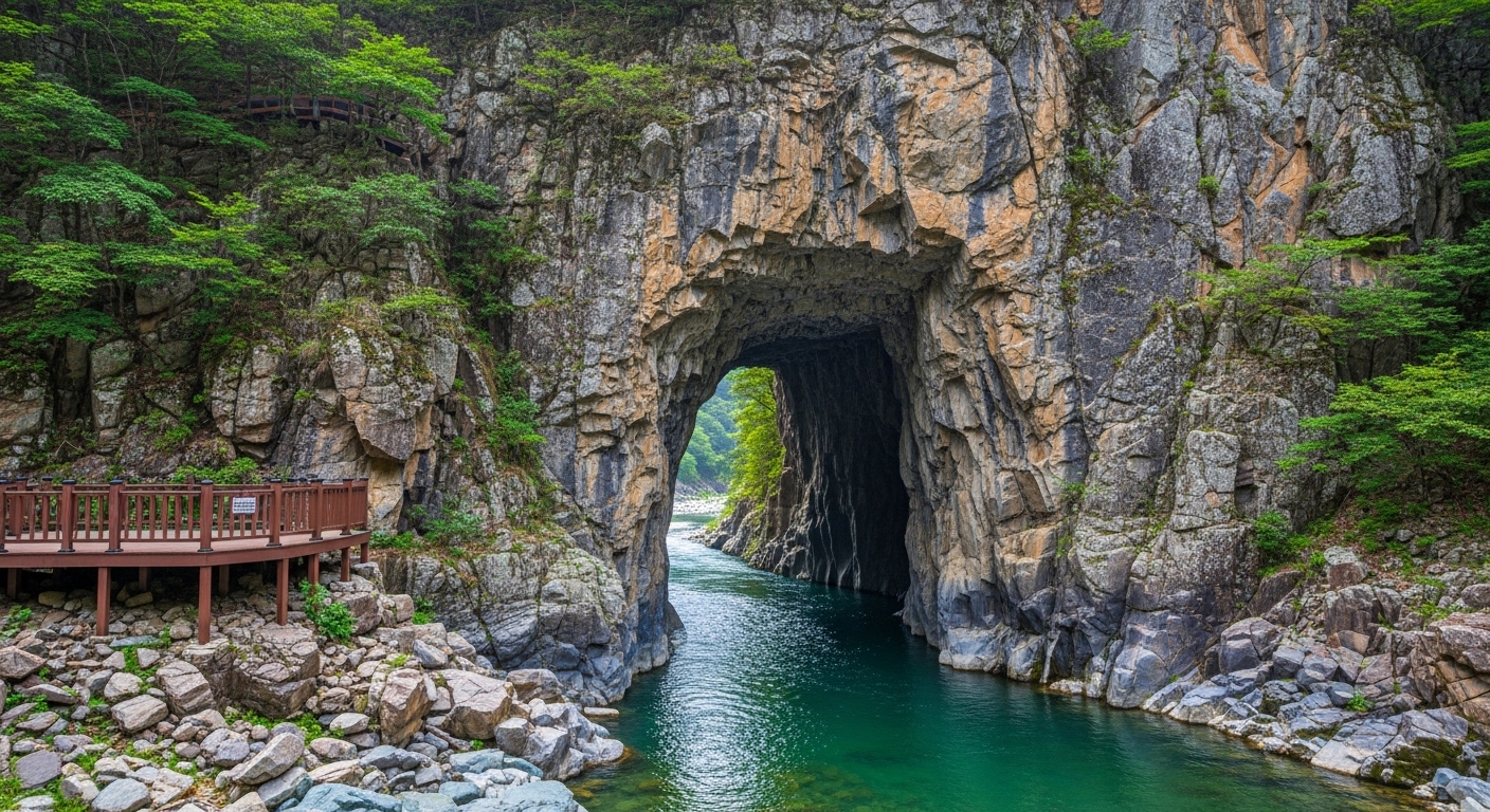 A stunning natural landscape of Gumunso in Taebaek, South Korea, where a river flows through a large natural tunnel in a rock formation. Capture the clear, turquoise water of the river as it enters or exits the cave-like opening in the mountainside. Emphasize the dramatic rock cliffs and the lush greenery surrounding the area. A well-maintained wooden deck or viewing platform should be subtly visible, indicating accessibility for visitors to admire this geological wonder. The overall mood is grand and awe-inspiring, with vibrant natural colors.