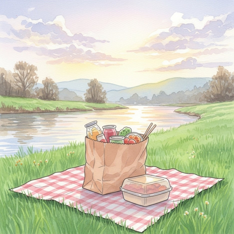 한강 공원 잔디밭 위에서 즐기는 간편한 포장 음식