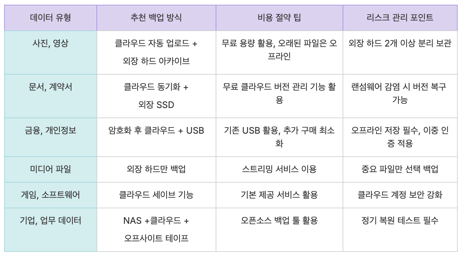백업 전략 비교표