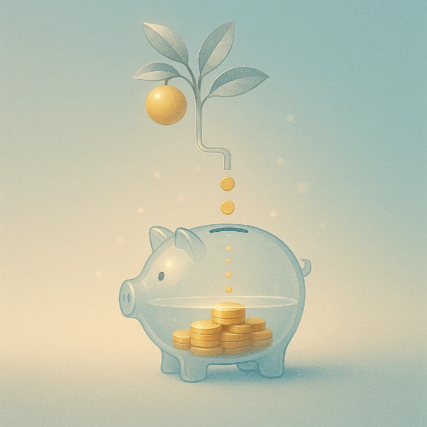 배당금 나무에서 떨어지는 열매가 코인으로 변해 유리 돼지 저금통에 쌓이는 장면을 담은 감성 일러스트