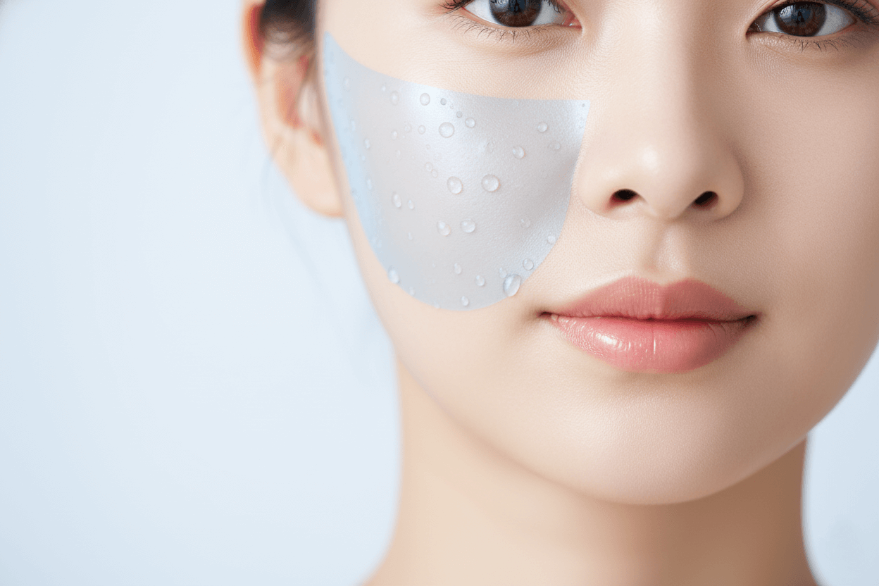 건강한 피부 장벽 구조와 수분이 차오르는 그래픽을 나란히 배치한 일러스트로, 피부 표면 위에 촘촘한 보호막과 촉촉한 수분 방울이 떠 있는 모습