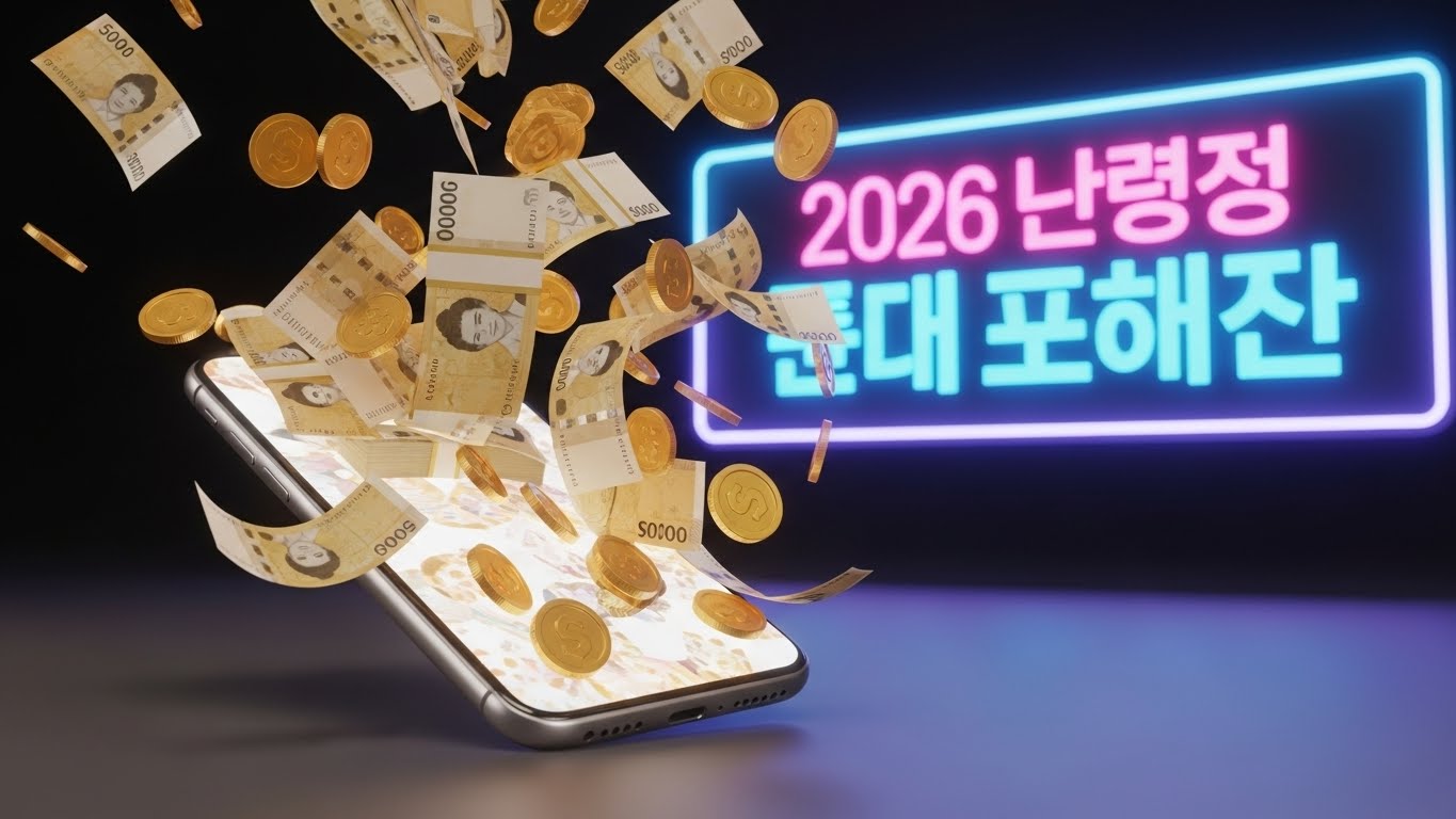 3D illustration of 50,000 KRW bills and gold coins popping out of a smartphone screen. Neon sign saying '2026 Livelihood Support' glowing in the background. Dynamic and abundant feel.