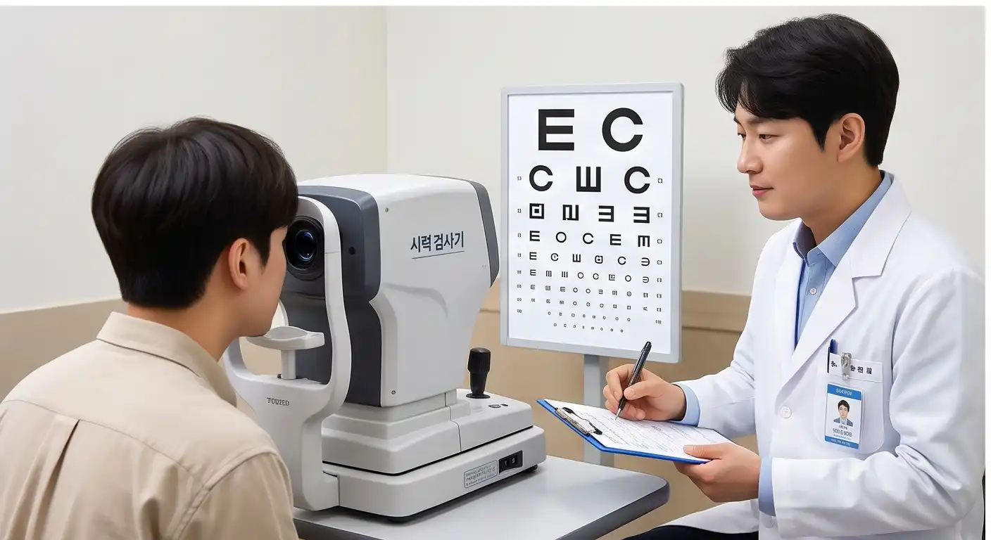 운전면허 적성검사를 위해 시력검사기 앞에서 의료진의 안내를 받으며 시력을 측정하는 남성