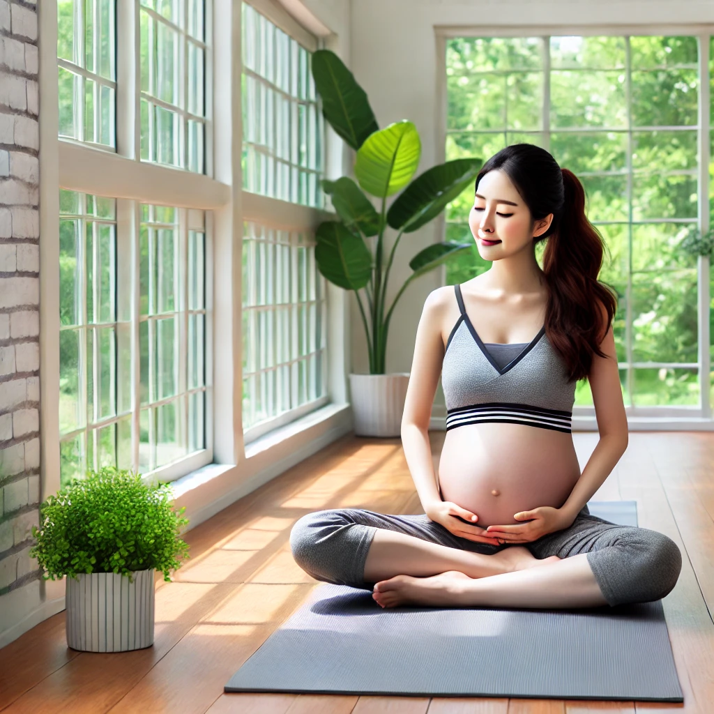 밝은 실내에서 요가 매트 위에 앉아 태교 요가 중인 임산부의 모습