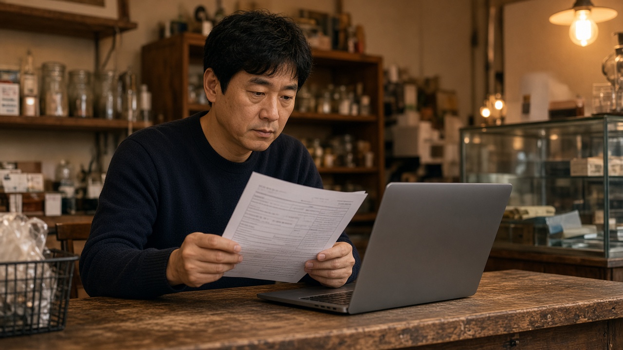 작은 가게 카운터에서 노트북으로 부가세 신고 화면을 확인하는 40대 한국인 자영업자