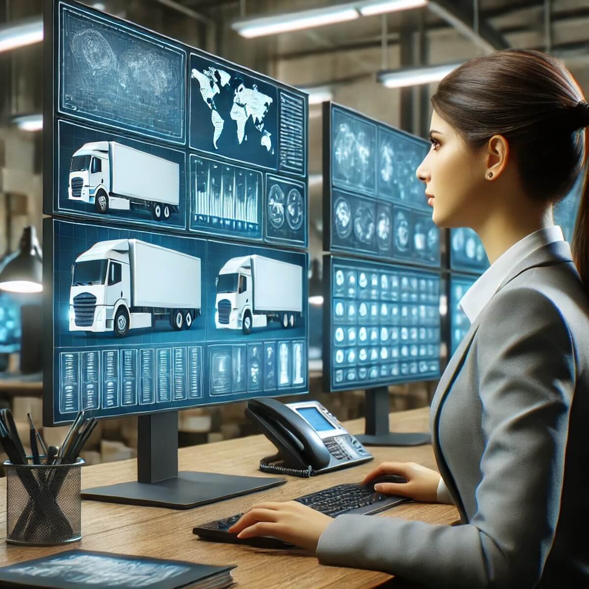 디지털 운송 관리 시스템을 모니터링하는 여성 직원