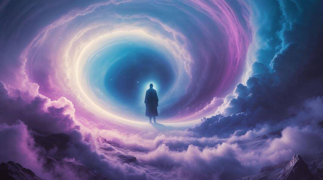 신비한 구름속으로 걸어가는 남자