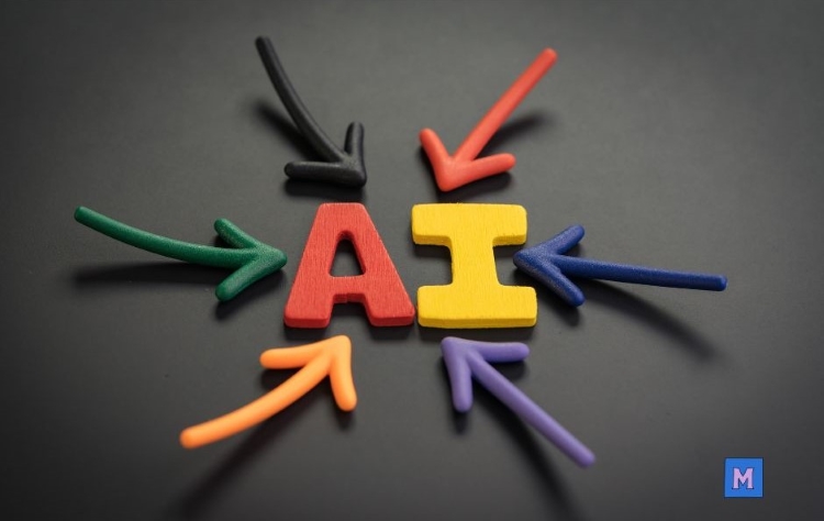 AI라는 글자 주위에 다채로운 방향으로 향하는 화살표들 – 다양한 방향에서 AI로 향하는 흐름을 상징 VIA CANVA