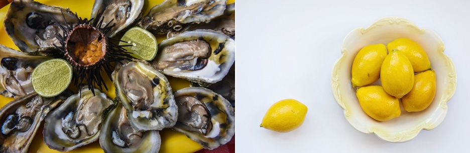 왼쪽 사진은 바다에서 채취를 한 굴을 잘 손질해서 노란 접시에 수북하게 쌓아두고 성게와 레몬을 가운데 두고 찍은 사진이고&#44; 오른쪽 사진은 하얀 바닥 위에 레몬을 5개 담은 유리그릇과 그 왼쪽에 레몬을 1개 바닥에 두고 찍은 사진