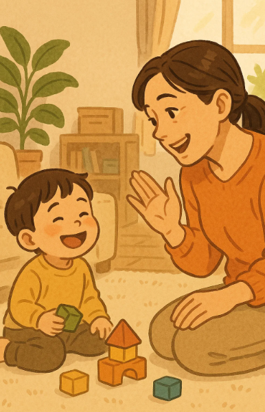 아이의 행동을 칭찬하며 공감하는 엄마와 기뻐하는 아기