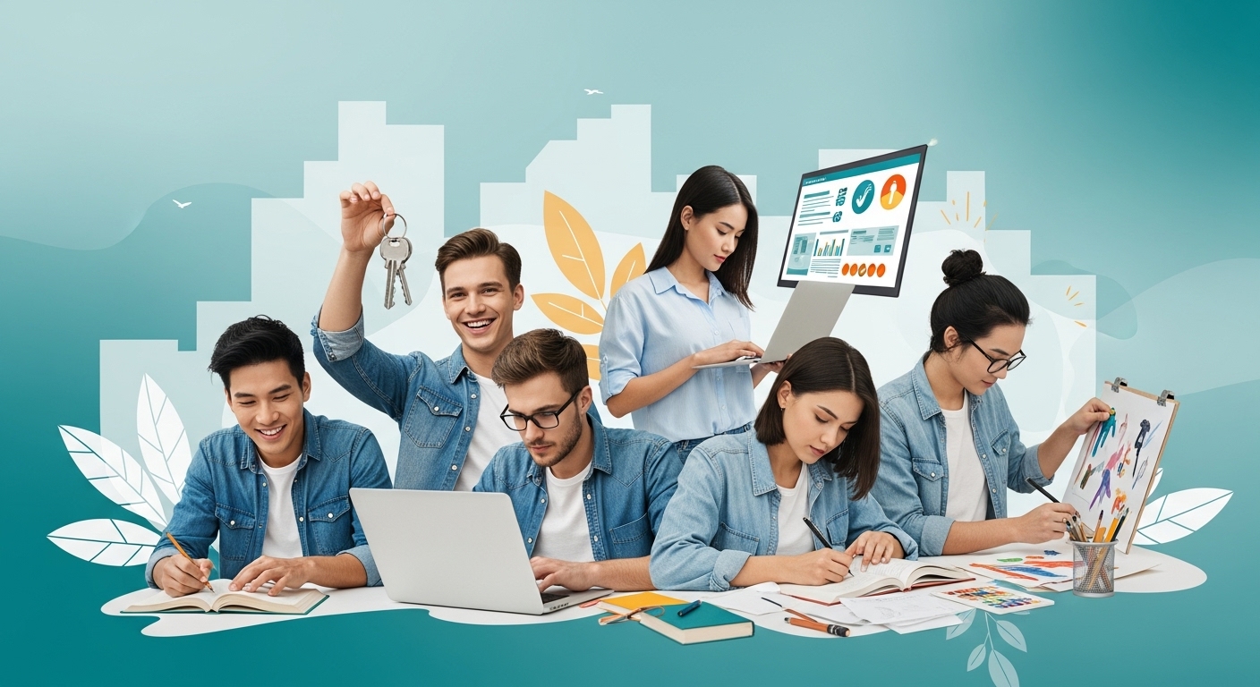 2026년 청년지원금을 통해 주거, 취업, 생활, 교육 분야에서 성공적인 미래를 꿈꾸는 젊은이들의 활기찬 모습