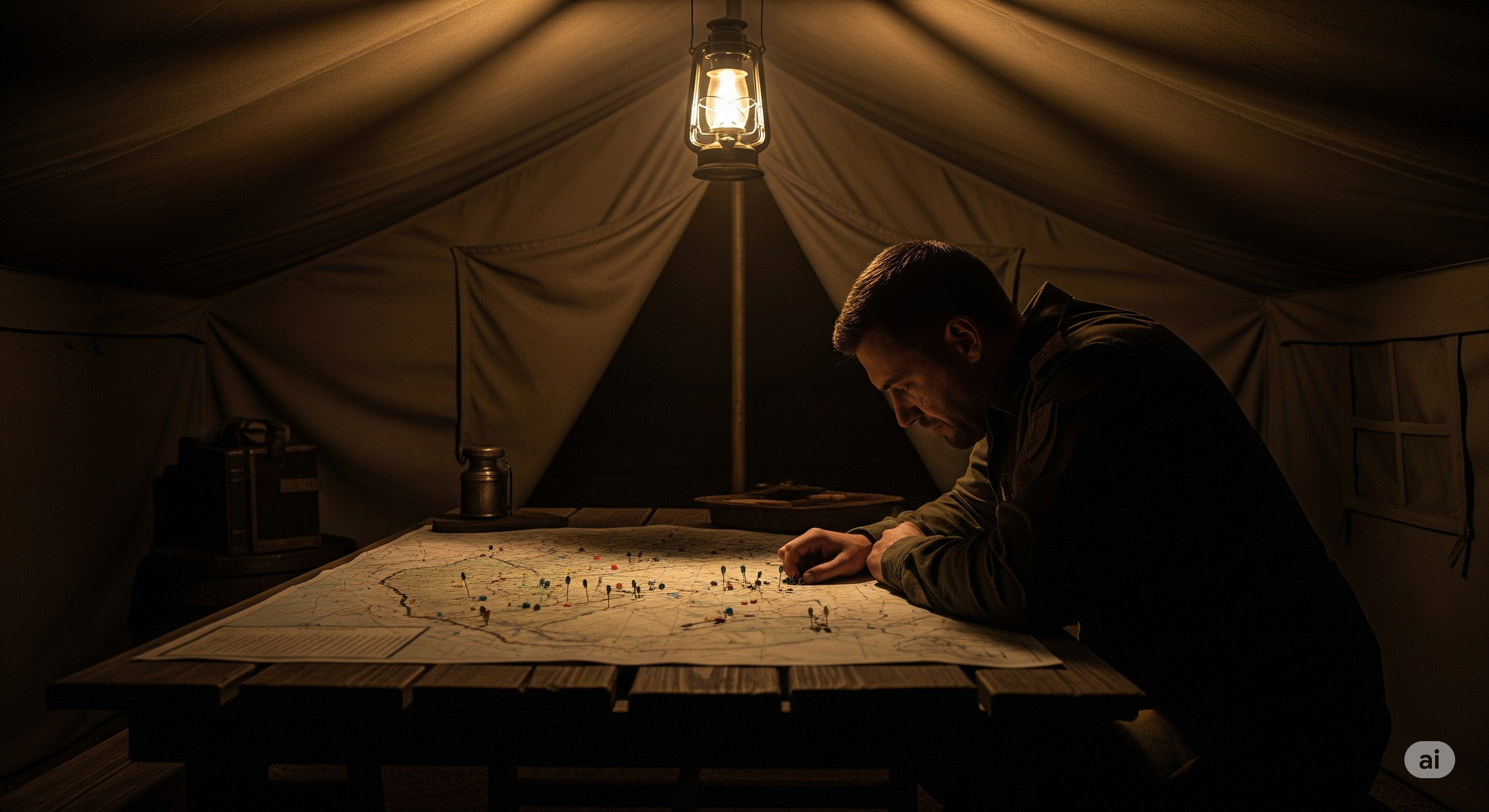 The silhouette of a commander standing alone in a dark command tent, his face filled with anguish as he looks down at a map with pins on it.