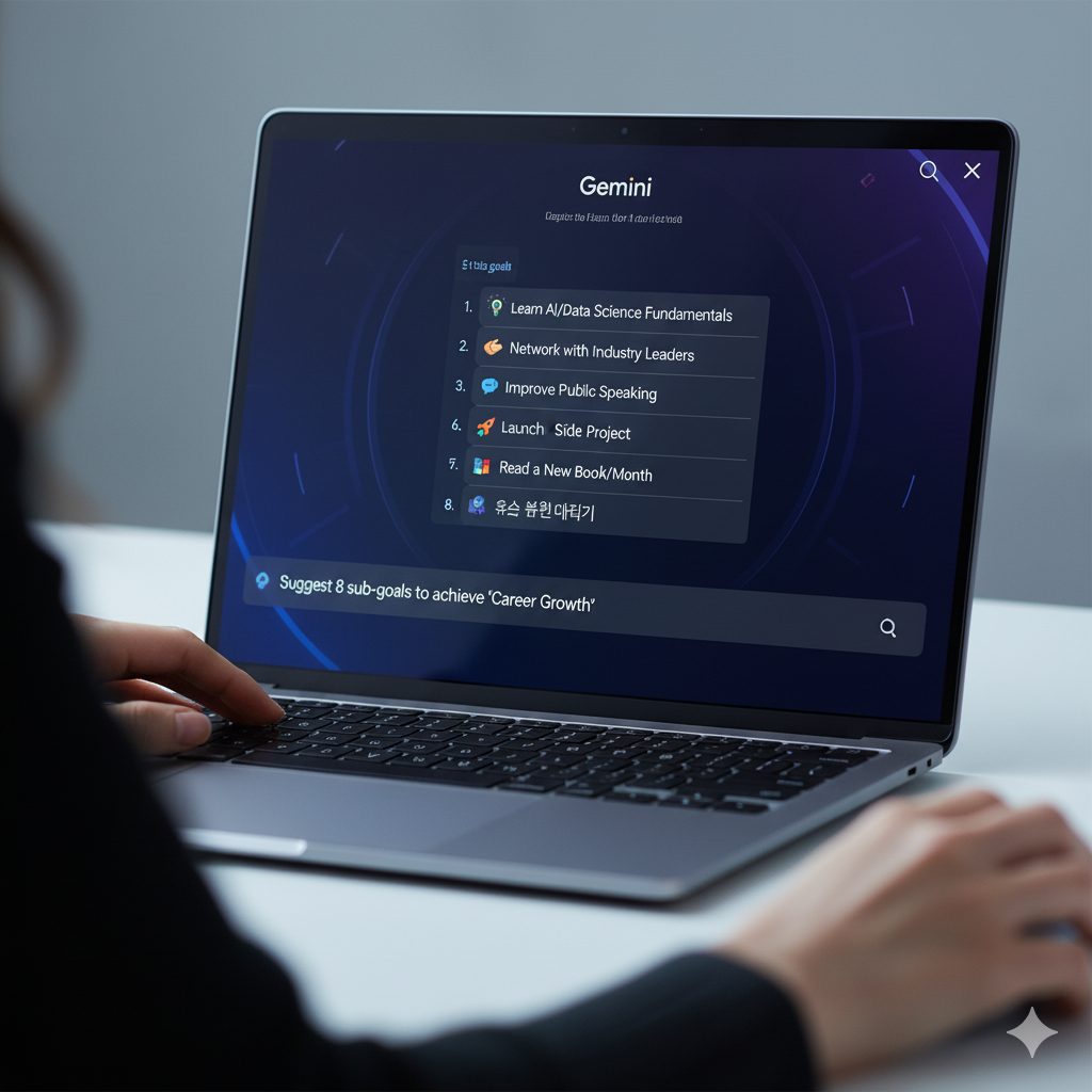 노트북 화면 속 AI 챗봇과 대화하며 만다라트 세부 목표 아이디어를 얻는 여성의 손 클로즈업.