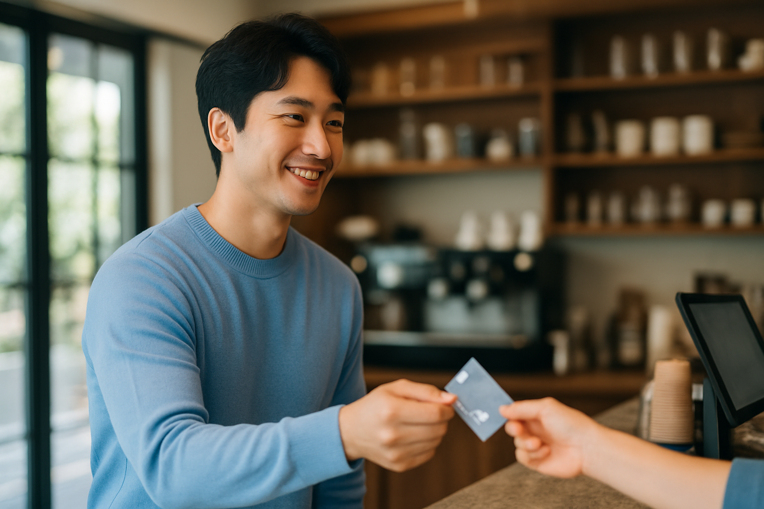 카페에서 계산하며 웃고 있는 30대 남자
