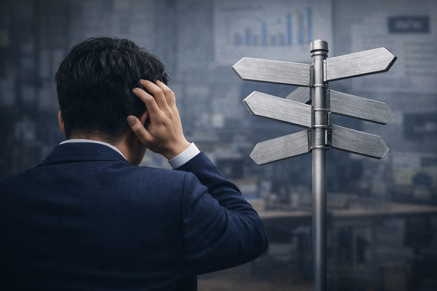 방향을 고민하는 남성과 여러 갈림길 표지판 이미지