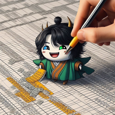 귀여운 캐릭터가 손에 들린 연필로 스프레드시트를 작성하는 모습