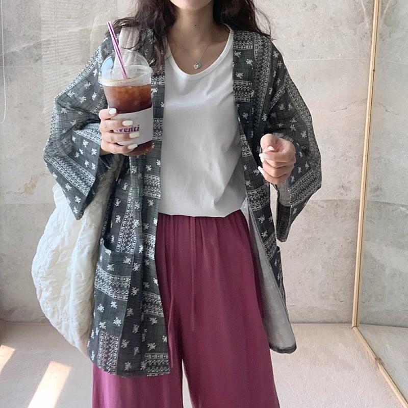 여름가디건 여성 여름 린넨 오버핏 에스닉 비치 로브 가디건 크림