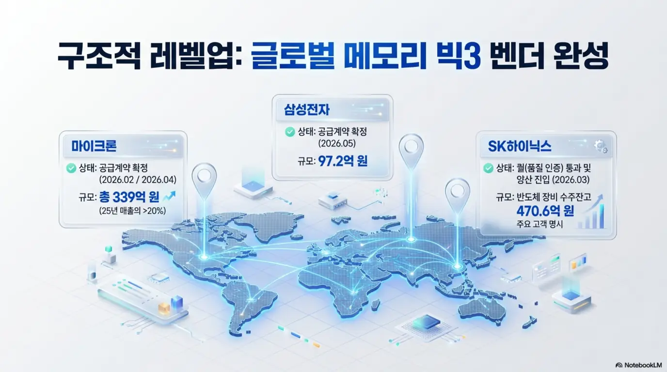 테크윙 주가 전망: 테크윙이 삼성전자&middot;마이크론&middot;SK하이닉스 글로벌 메모리 빅3에 모두 진입한 구조적 레벨업을 정리한 이미지. 마이크론 총 339억 원&amp;#44; 삼성전자 97.2억 원 공급계약 확정과 SK하이닉스 수주잔고 470.6억 원을 시각적으로 전달하며&amp;#44; 테크윙 주가 전망의 빅3 공급계약 주제를 설명함