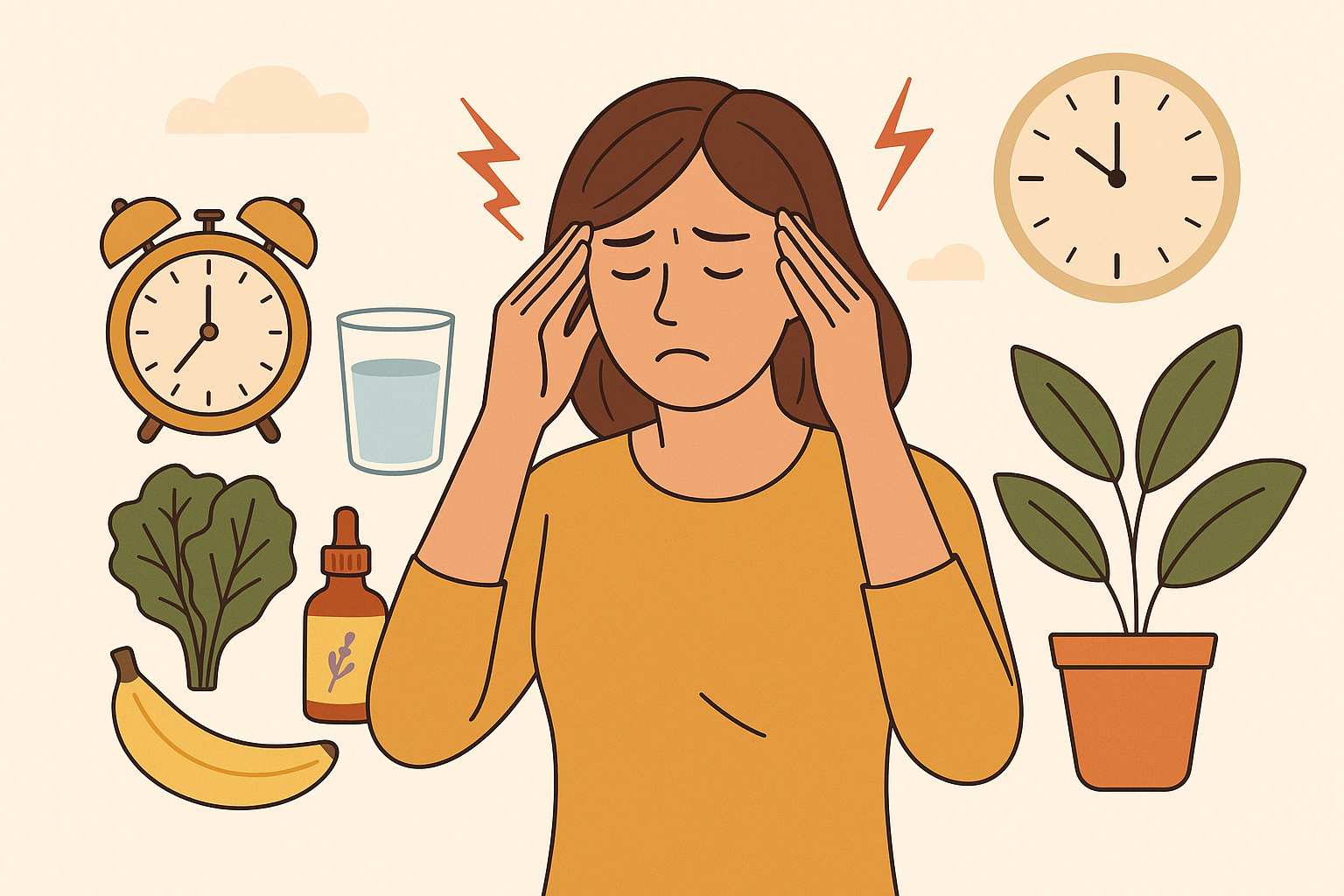 생활 습관 개선과 자연 요법으로 두통 완화를 실천하는 여성의 모습