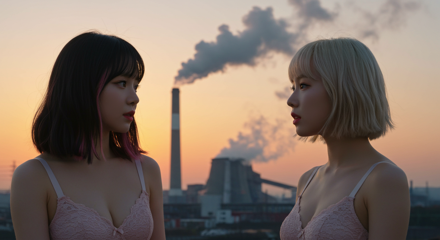 공장 옆에 서있는 두 여인