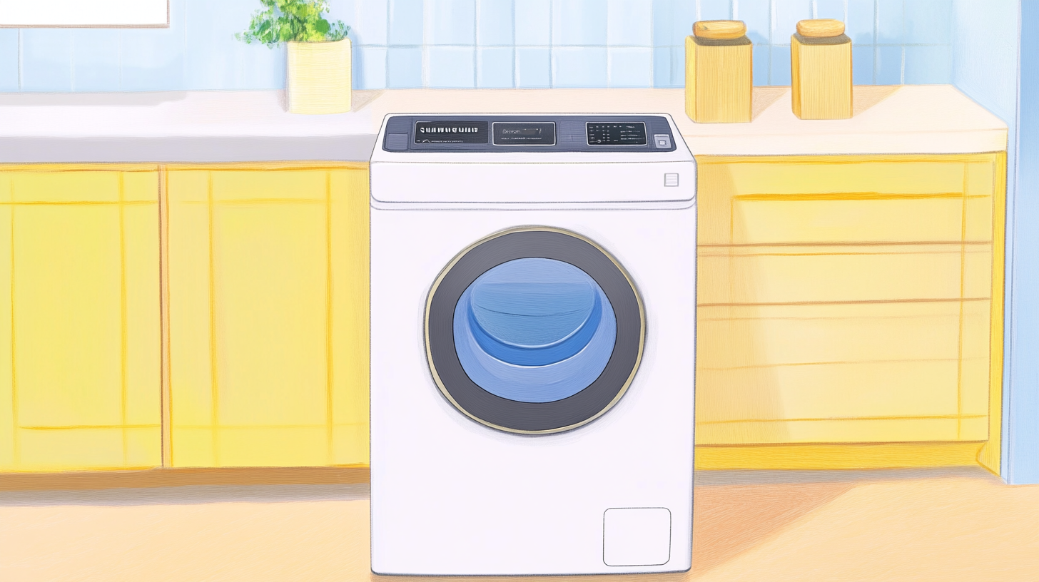삼성 WF2417HDEEC 세탁기가 현대적인 주방에 배치된 모습을 사실적으로 묘사, 세련된 LED 디스플레이와 디자인이 돋보입니다.