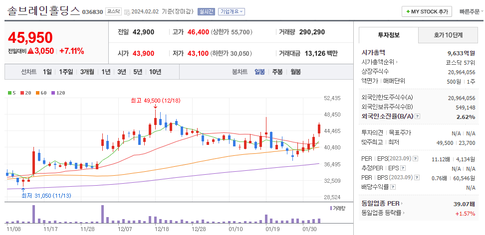 솔브레인홀딩스 일봉차트