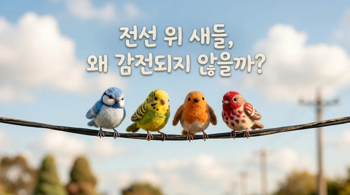니들 펠트 스타일로 표현된 전선 위에 앉아 있는 새들 이미지
