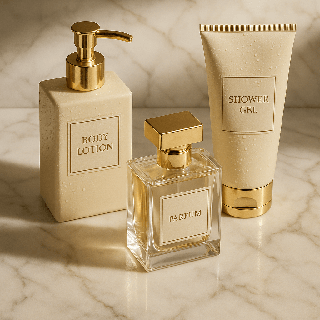 대리석 세면대 위에 향이 같은 바디로션, 향수, 샤워젤이 가지런히 놓여 있으며, 골드 포인트가 고급스럽고 부드러운 그림자와 함께 은은한 조명을 받아 정제된 미감을 자아냄
