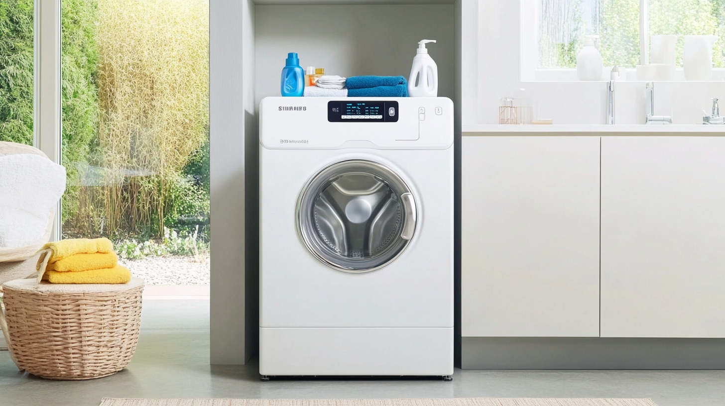 효율적인 공간 절약형 디자인으로 현대적인 세탁실에 설치된 삼성 세탁기가 스마트 기술 디스플레이 패널과 함께 효율성을 강조합니다.