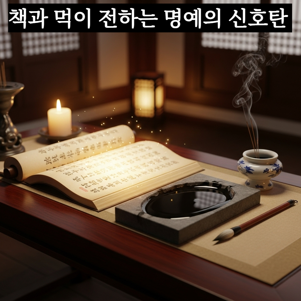 고풍스러운 나무 책상 위에 놓인 은은하게 빛나는 한문 고서와 검은 먹물이 담긴 벼루, 정갈한 붓이 조화를 이룬 신비로운 일러스트