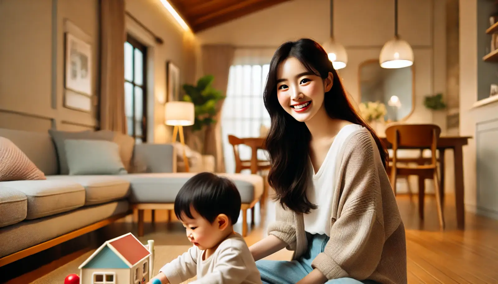 어린이를 돌보고 있는 여성