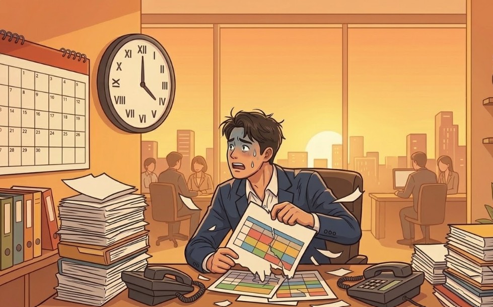 산더미처럼 쌓인 서류와 달력, 끊임없이 울리는 전화를 배경으로, 시계를 보며 땀을 흘리는 남자의 손에서 찢어진 계획표들이 날아다니는 모습