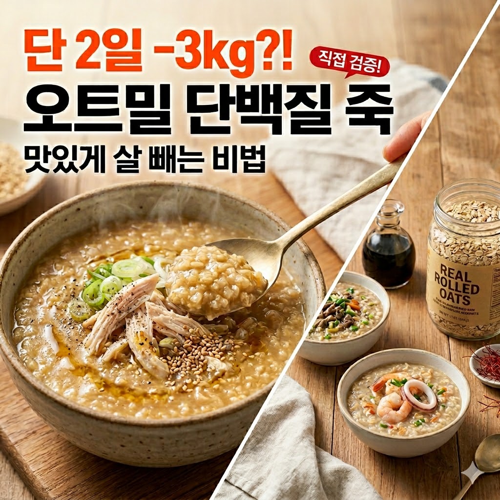 "이틀 만에 3kg 감량 효과를 강조하는 '오트밀 단백질 죽' 다이어트 식단 썸네일입니다. 따뜻한 닭가슴살 오트밀 죽을 한 숟가락 가득 든 모습과 함께, 소고기 야채 오트밀 죽, 해물 오트밀 죽, 원물 롤드 오트(Rolled Oats) 병이 나란히 배치되어 다양하고 맛있는 다이어트 식단을 보여줍니다. '단 2일 -3kg?!', '맛있게 살 빼는 비법', '직접 검증!'이라는 문구가 포함되어 있습니다."