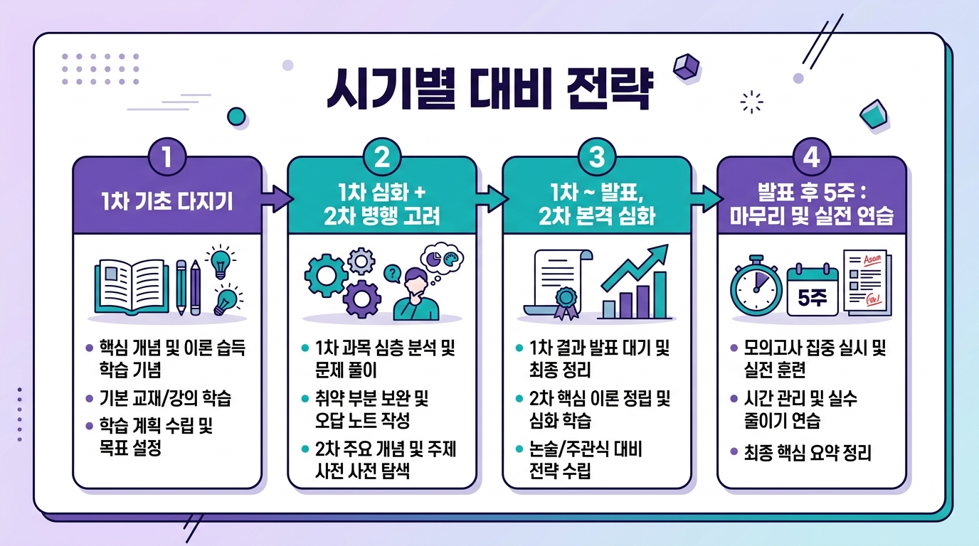 시기별 준비 전략 4단계를 보여주는 프로세스 인포그래픽