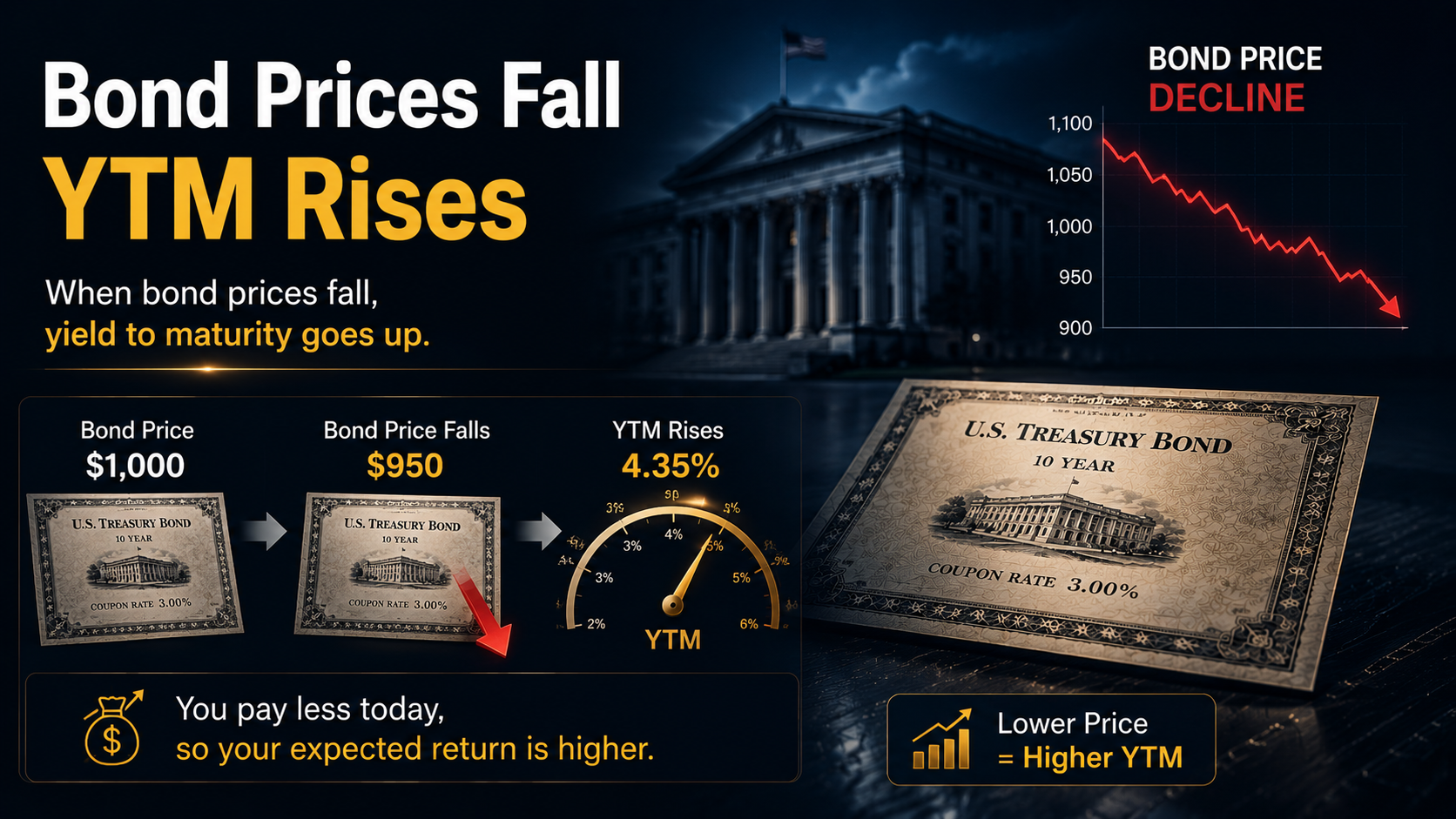 Financial infographic showing falling bond prices leading to higher Yield to Maturity (YTM) through lower purchase prices and higher expected returns.