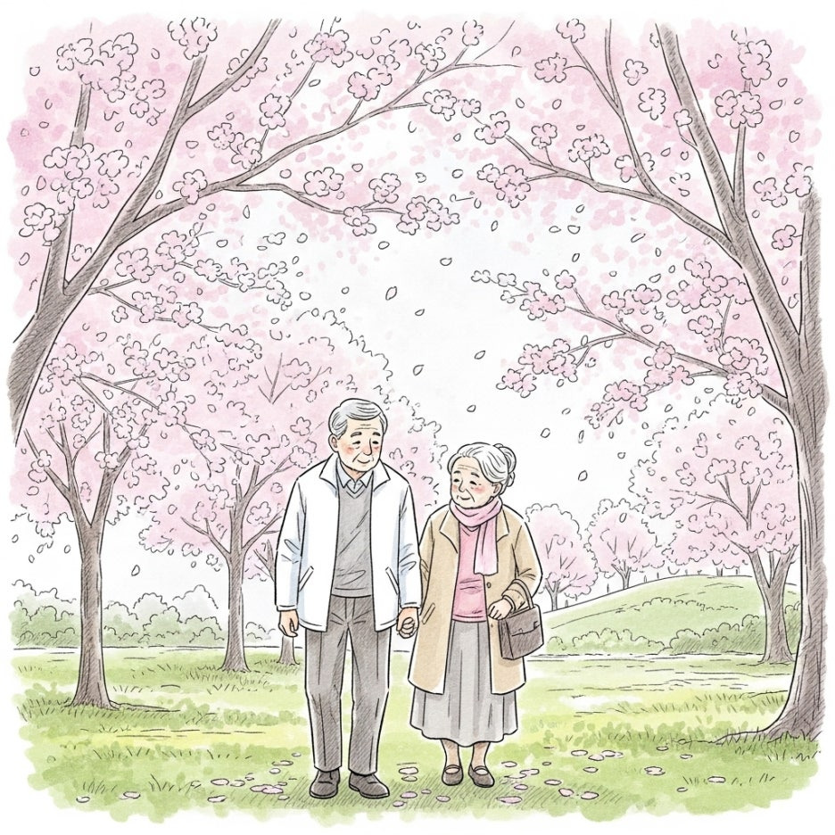 공원에서 화사한 꽃들 사이를 산책하는 중년 부부