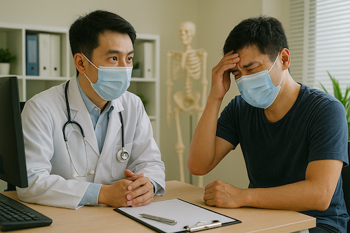 의사가 환자에게 예방접종을 설명하는 장면, 진료실 배경, 환자는 진지하게 경청하는 모습