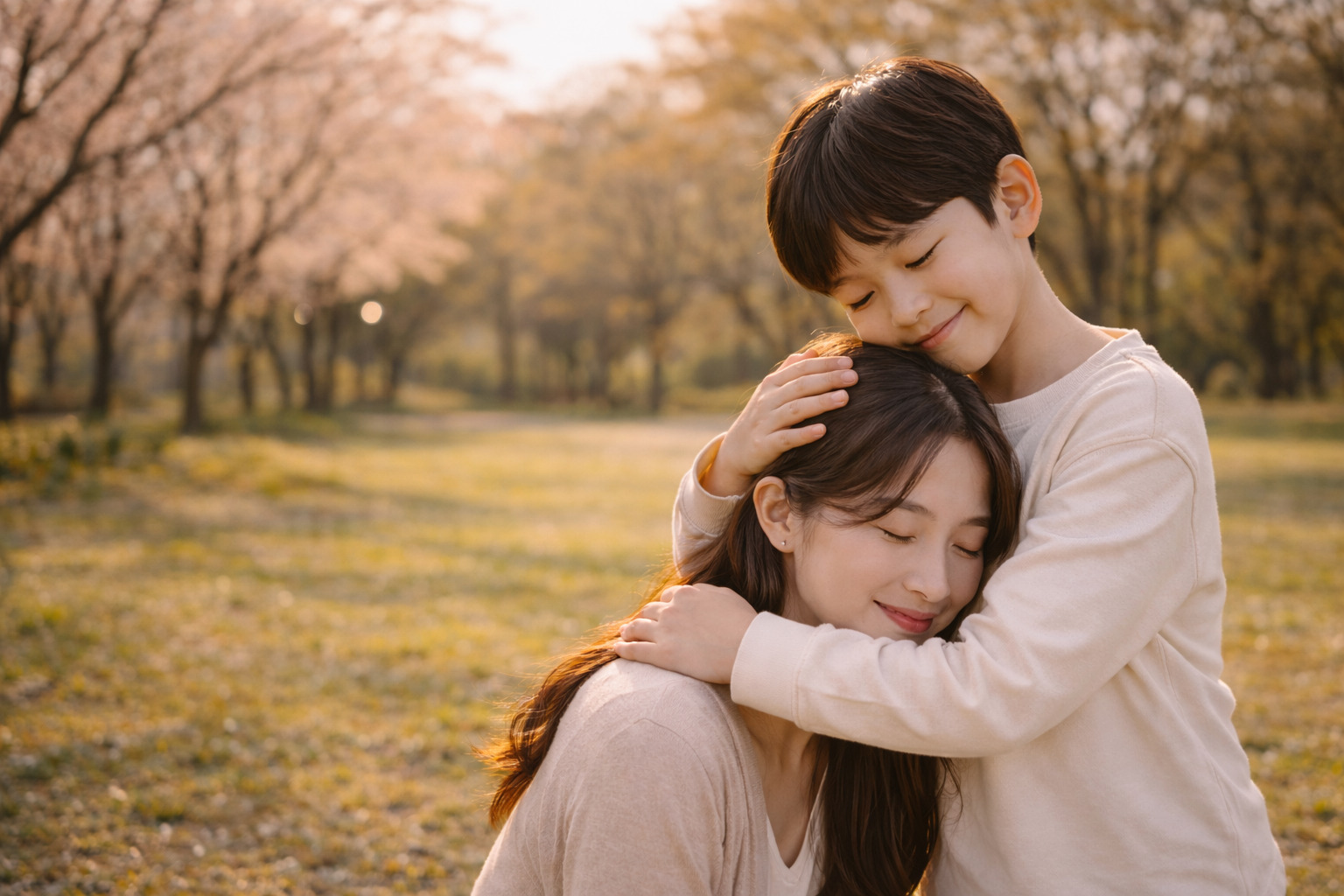 10살 소년이 엄마의 머리를 감싸 안으며 따뜻하게 위로하는 모습