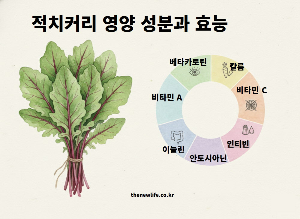 베타카로틴, 비타민, 칼륨, 이눌린 등 적치커리의 주요 영양 성분과 효능을 한눈에 보여주는 요약 이미지