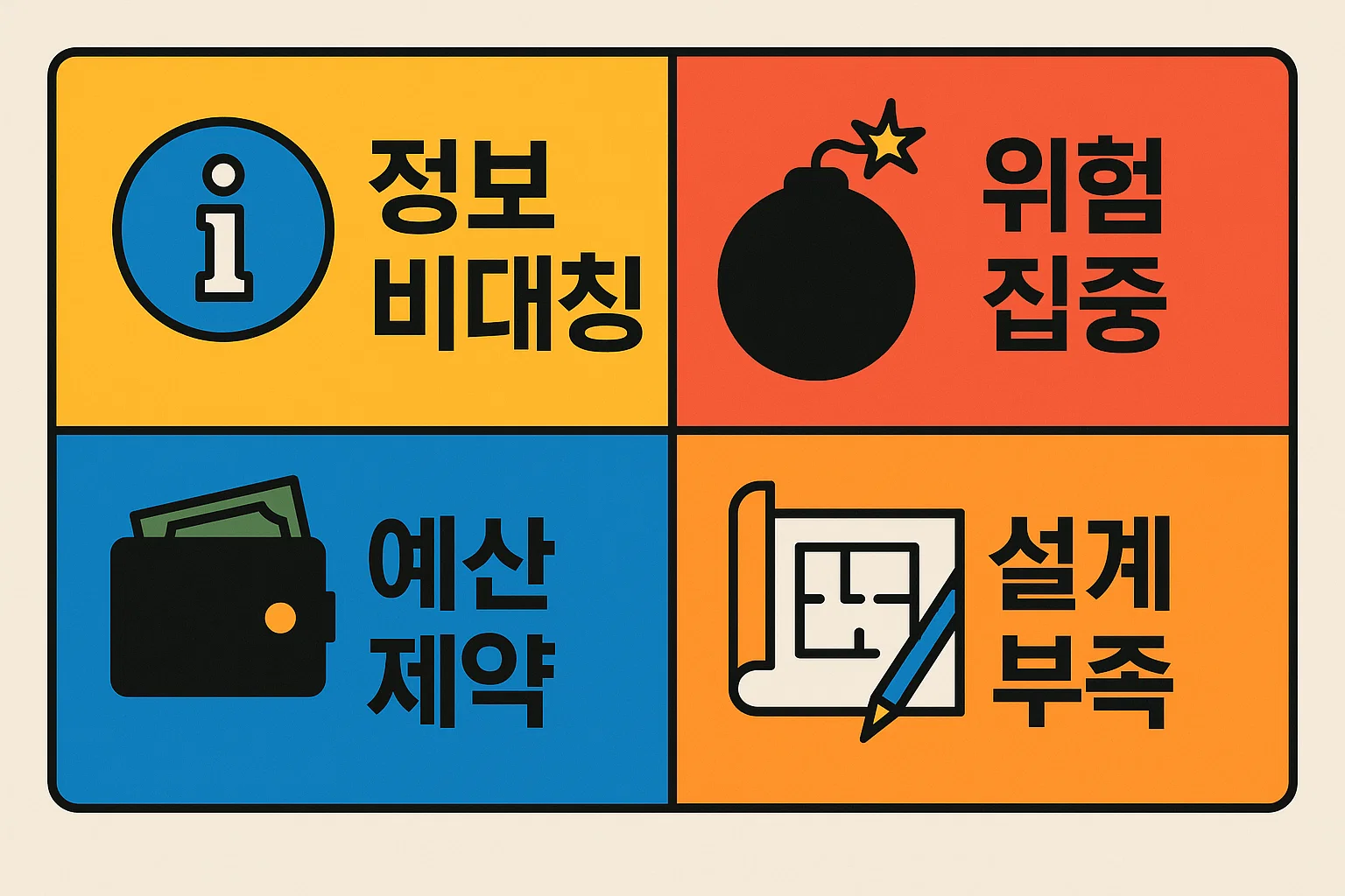 무담보 창업지원금에서 발생하는 문제의 근본 원인으로 정보 비대칭, 위험 집중, 예산 제약, 설계 부족 등 제도적 한계를 보여주는 인포그래픽 이미지