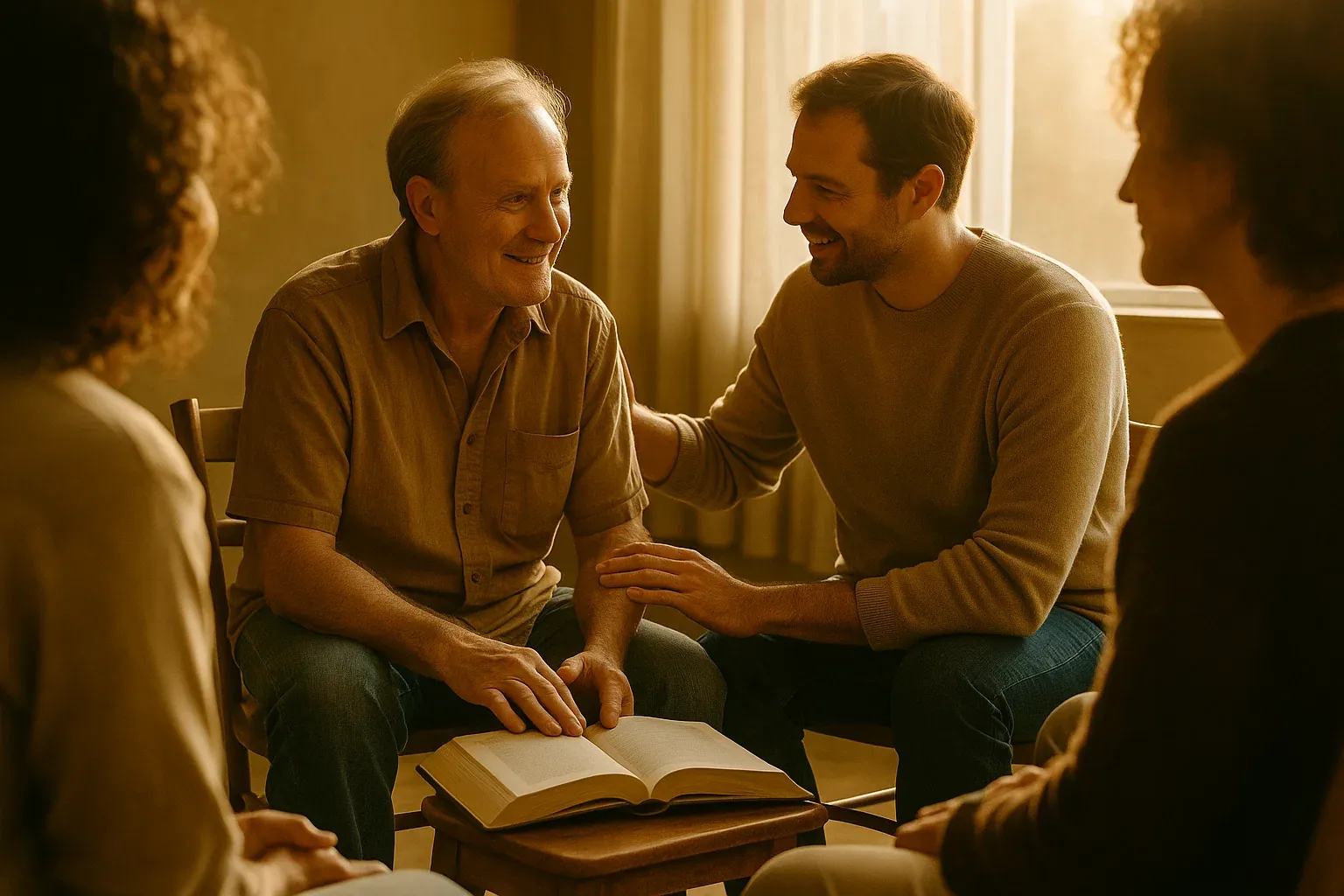 회복 모임에서 따뜻하게 대화하는 사람들의 모습