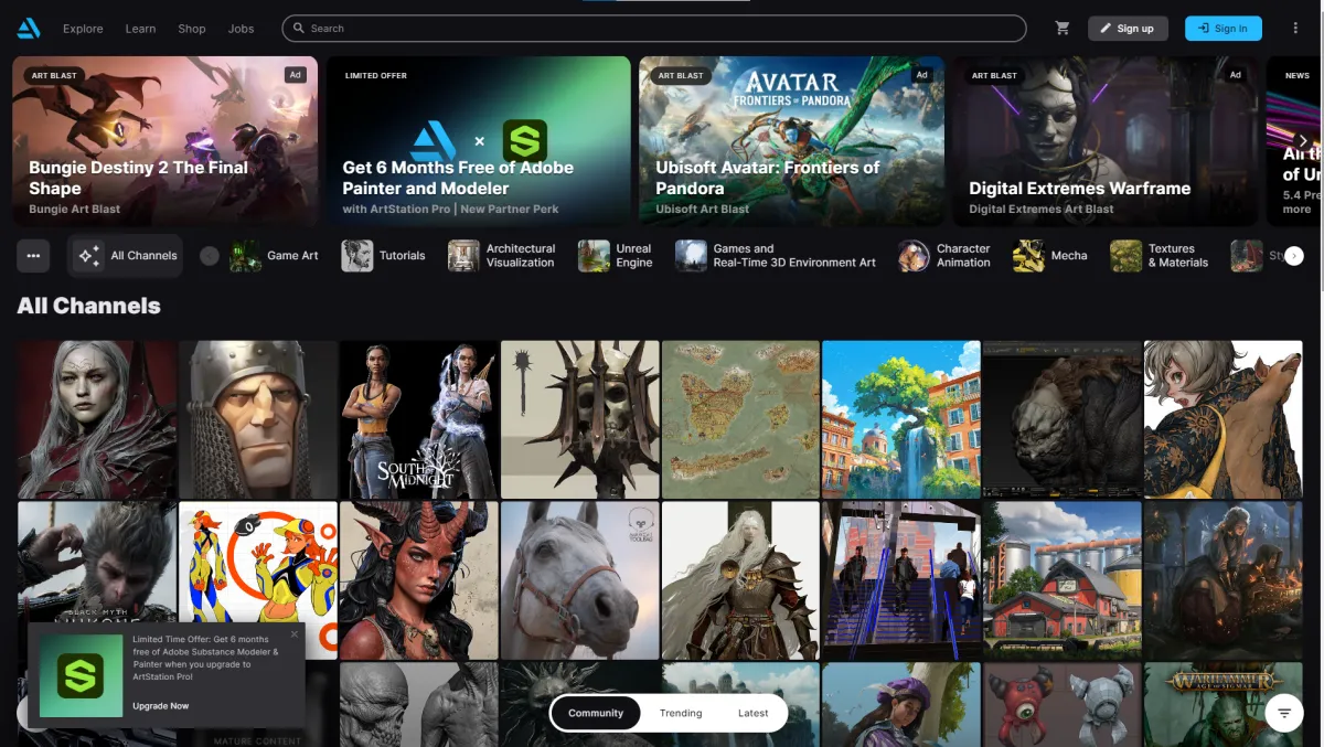 다양한-그래픽-작업물이-올라와-있는-아트스테이션-홈페이지