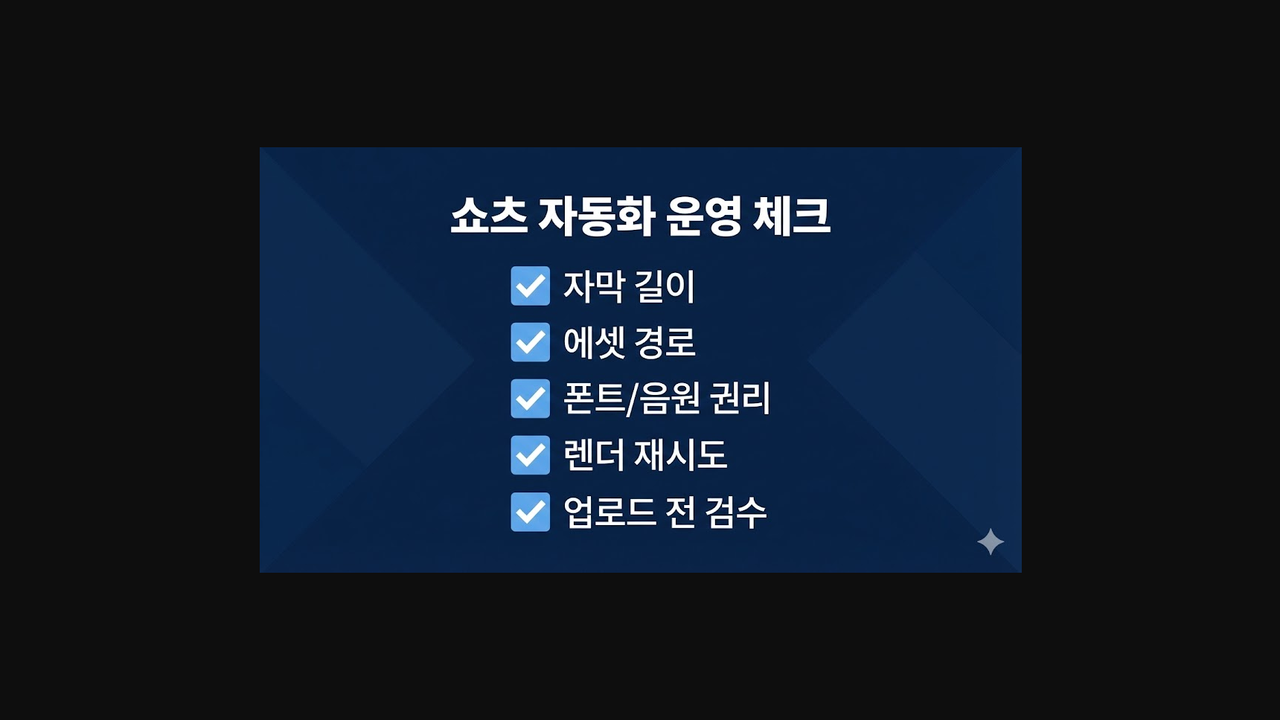 쇼츠 자동화 운영 체크리스트(자막 길이, 에셋 경로, 권리, 렌더 재시도, 업로드 전 검수)