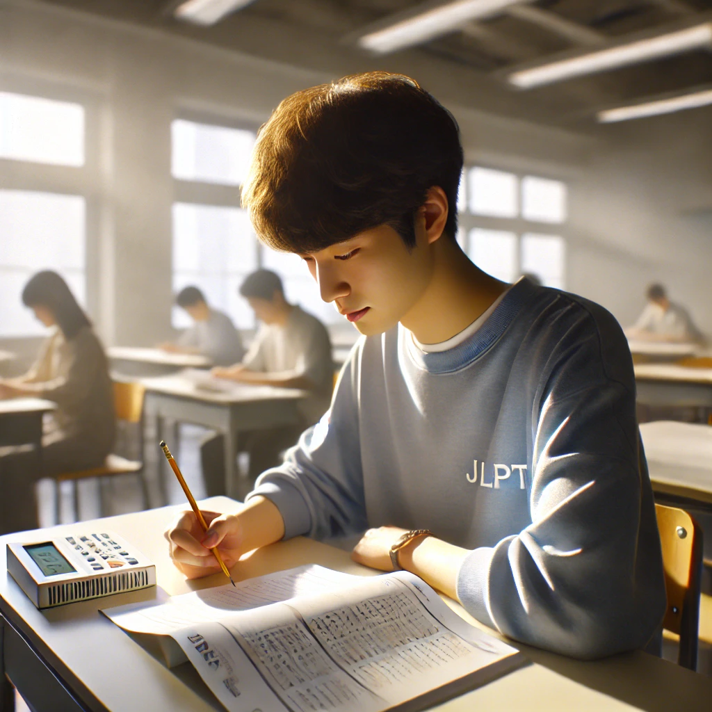 조용한 교실에서 JLPT 시험을 준비하며 연습 문제를 풀고 있는 학생의 모습. 햇빛이 책상 위를 비추며, 학생의 집중된 표정과 정돈된 학습 자료를 강조함