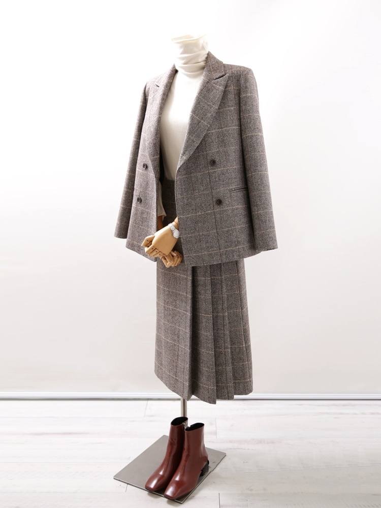 스타일라떼 여성 치마정장 세트 헤링본 울 글렌체크 자켓 A라인 스커트 투피스 셋업