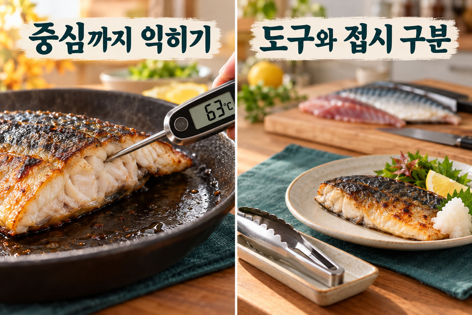 고등어의 두꺼운 살에 음식용 온도계를 넣고 조리 도구를 구분하는 장면.