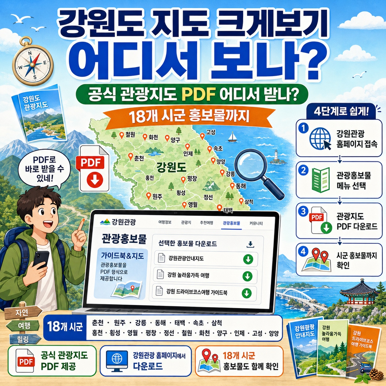 강원도 지도 크게보기, 공식 관광지도 PDF 어디서 받나? 18개 시군 홍보물까지
