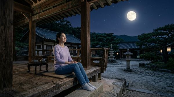 절에서 혼자 달을 바라보고 있는 여인